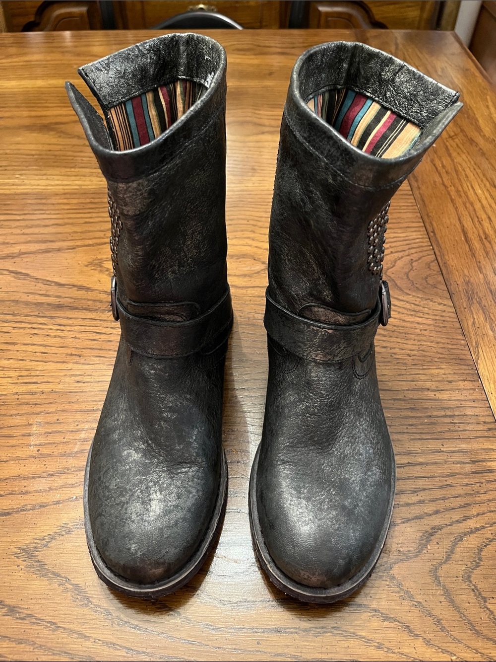 Felmini Women's Distressed Mid-Calf Studded Leather Boots, size 40